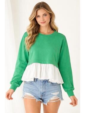 Altar’d State Women’s Sz XS Long-Sleeve Twofer Pullover Kelly Green Preppy